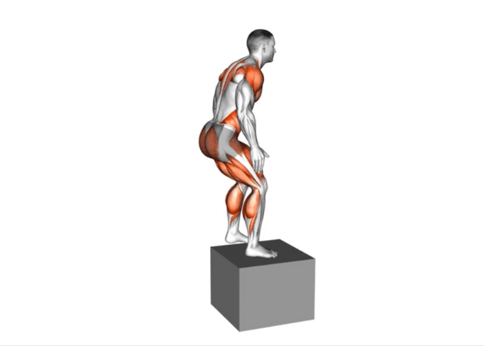 Homme en 3D prêt à bondir sur une jump box, illustrant un exercice de pliométrie pour le renforcement des jambes et l'explosivité.