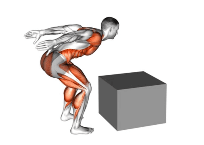 Homme en 3D prêt à bondir sur une jump box, illustrant un exercice de pliométrie pour le renforcement des jambes et l'explosivité