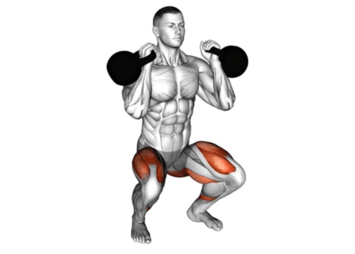 Homme en 3D réalisant un squat avec deux kettlebells sur les épaules, illustrant un exercice de musculation pour les jambes et les fessiers.