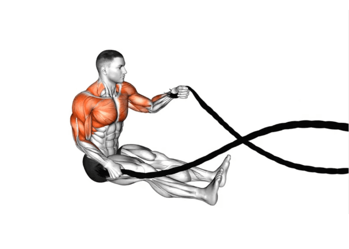 Homme en 3D assis réalisant un exercice de battle rope, illustrant un exercice de cardio et de renforcement musculaire