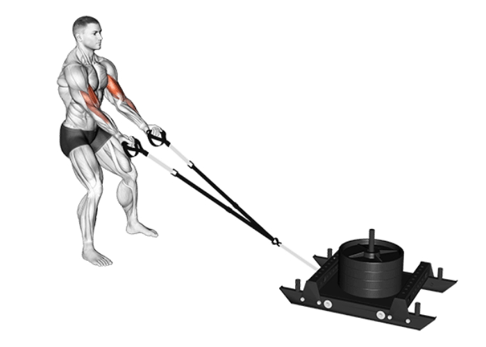 Homme en 3D poussant un power sled, illustrant un exercice de force et de conditionnement physique