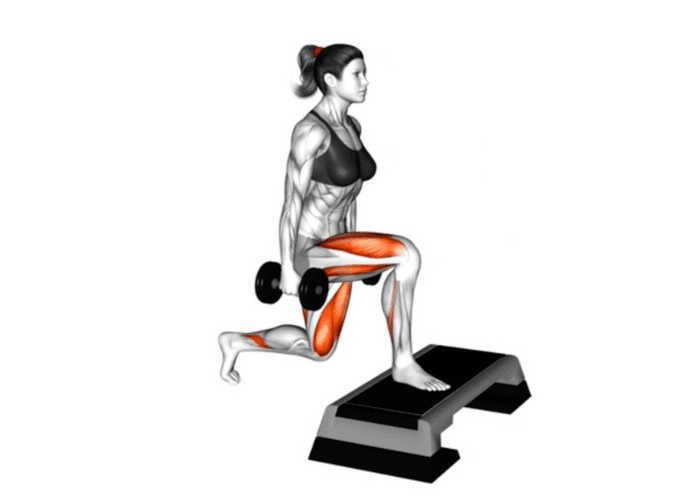 Femme en 3D réalisant des fentes bulgares avec le pied surélevé sur un step, illustrant un exercice de musculation pour les jambes et les fessiers.