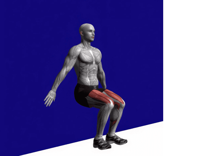 Homme en 3D réalisant l'exercice de la chaise contre un mur, illustrant un exercice de renforcement des jambes et des cuisses