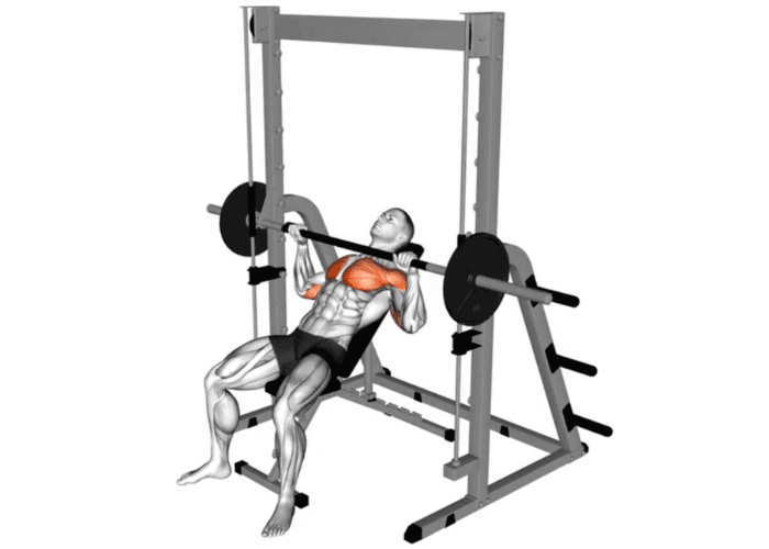 Homme en 3D réalisant un développé couché incliné à la Smith machine, illustrant un exercice de musculation pour les pectoraux.