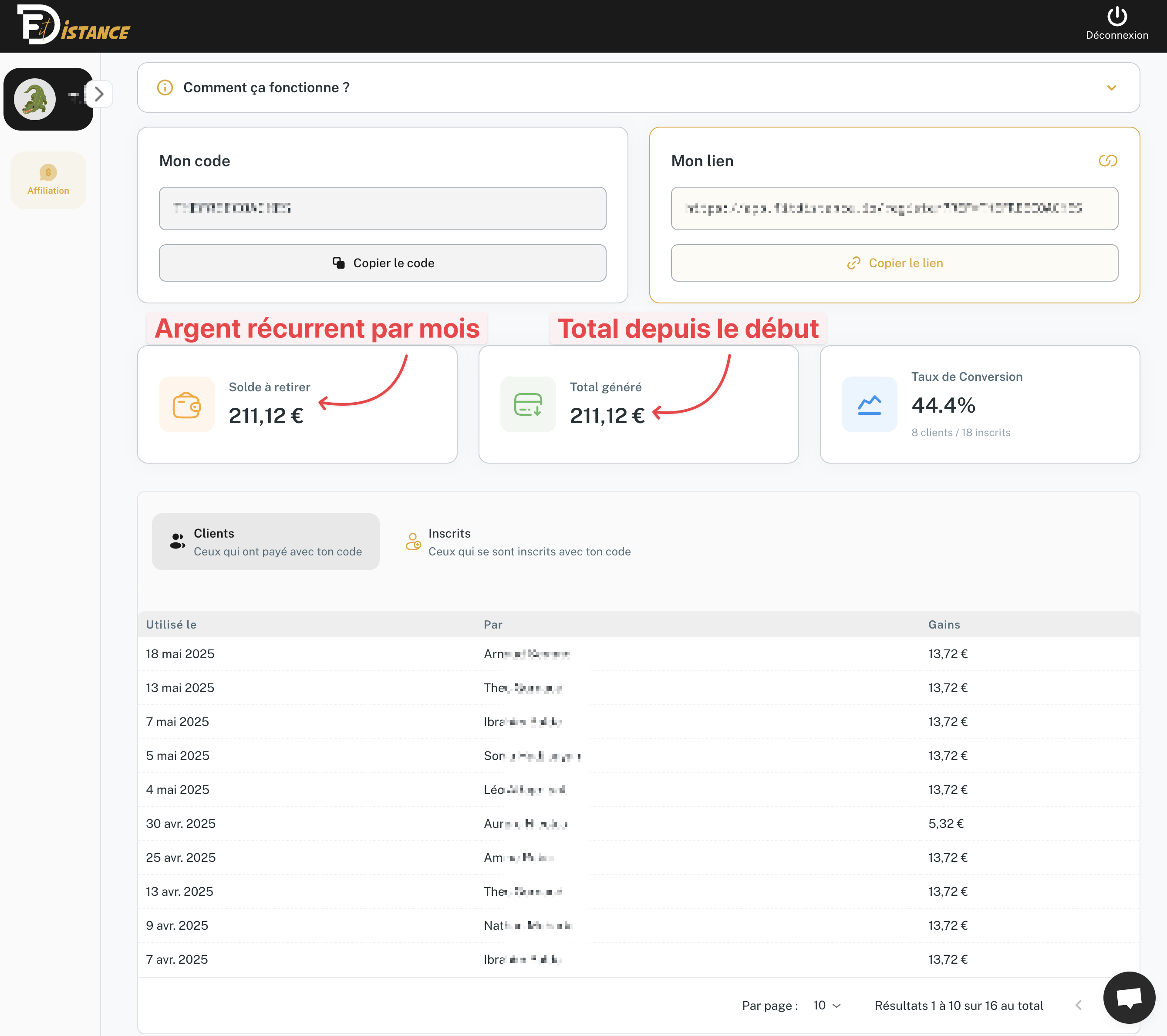 Screenshot réel du dashboard d'affiliation Fit'Distance