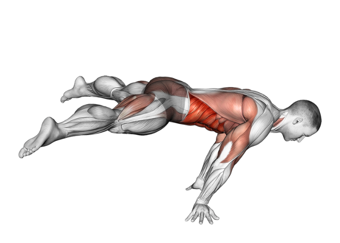 Homme en 3D réalisant une straddle plank, illustrant un exercice de gainage et de renforcement musculaire, beaucoup pratiqué en street-workout.