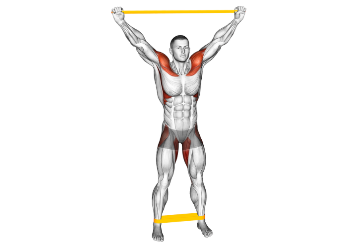 Homme en 3D réalisant un développé militaire avec un élastique, illustrant un exercice de musculation pour les épaules