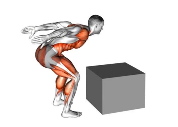 Homme en 3D bondissant sur une jump box, illustrant un exercice de pliometrie pour le renforcement des jambes et l'explosivité.