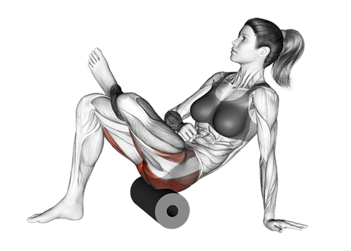 Femme en 3D se massant les fessiers avec un rouleau de massage, illustrant une technique de récupération musculaire.