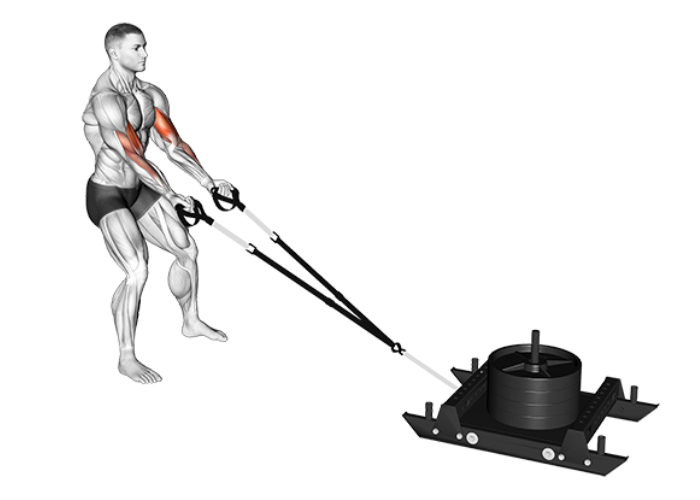 Homme en 3D poussant un power sled, illustrant un exercice de force et de conditionnement physique