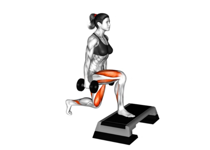 Femme en 3D réalisant des fentes bulgares avec le pied surélevé sur un step, illustrant un exercice de musculation pour les jambes et les fessiers.