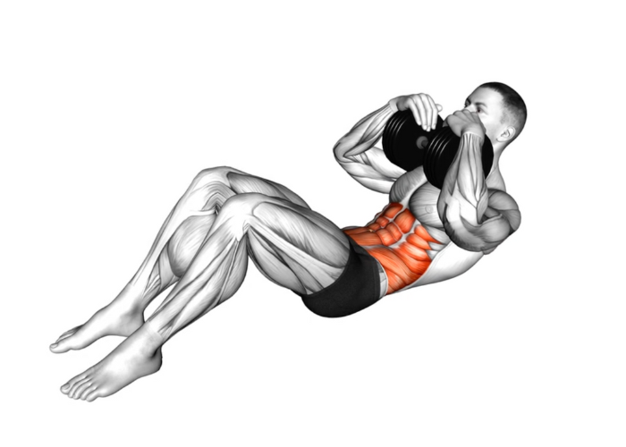 Homme en 3D réalisant des crunchs avec un haltère au niveau du menton, illustrant un exercice de renforcement des abdominaux.