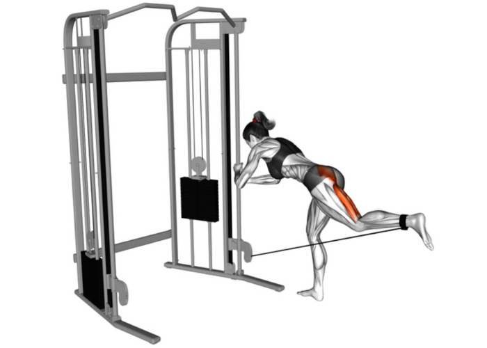 Femme en 3D réalisant un kickback à la poulie, illustrant un exercice de musculation pour les fessiers.