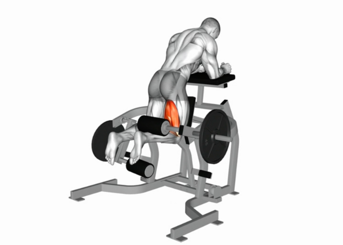 Homme en 3D réalisant un leg curl unilatéral debout, illustrant un exercice de musculation pour les ischio-jambiers.